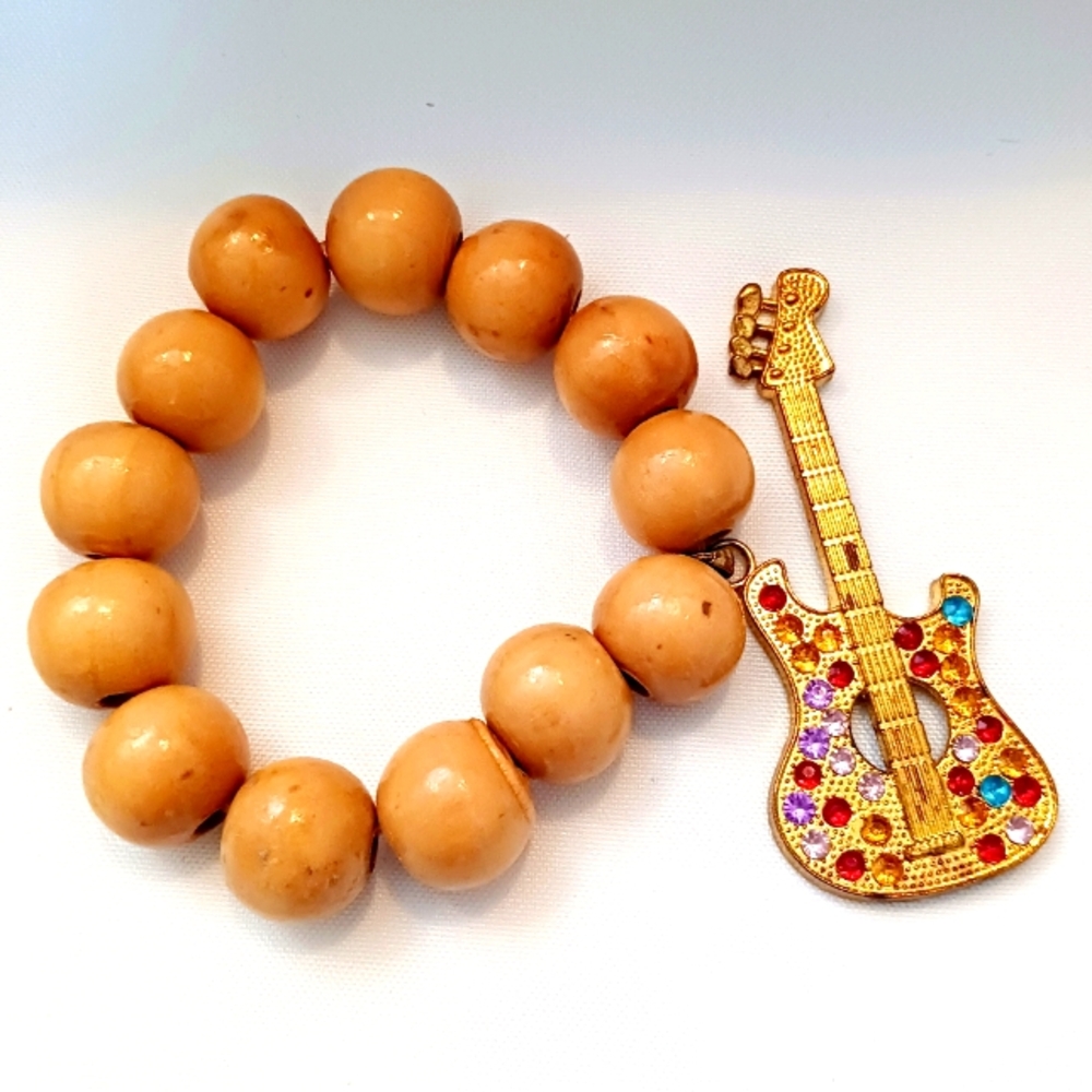 NEW!! Wood Beaded Bracelet with Rhinestone Guitar Charm